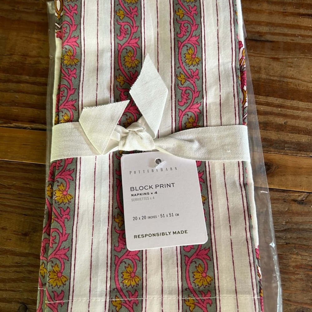 Pottery Barn Pink and Cream Block Print Napkins